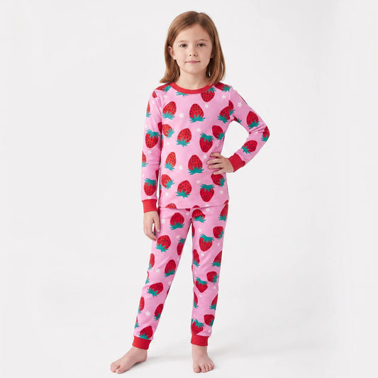 Kinderpyjama Meisjes | Tweedelige Bamboe Set met Aardbeienprint | 2 tot 12 Jaar