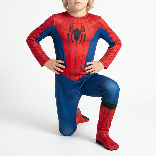 Kind rood-blauw Spider-Man kostuum met spinweb, gedragen, knielende houding | MiniBea