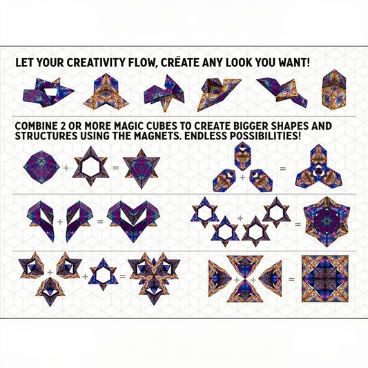 LET YOUR CREATIVITY FLOW, CREATE ANY LOOK YOU WANT!. COMBINE 2 OR MORE MAGIC CUBES TO CREATE BIGGER SHAPES AND STRUCTURES USING THE MAGNETS. ENDLESS POSSIBILITIES!