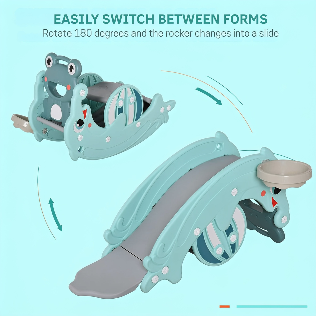 EASILY SWITCH BETWEEN FORMS. Rotate 180 degrees and the rocker changes into a slide