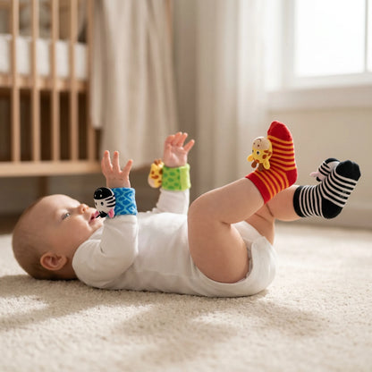 Baby Polsrammelaar & Voetvinder Set - Dieren Pols- en Enkelrammelaars