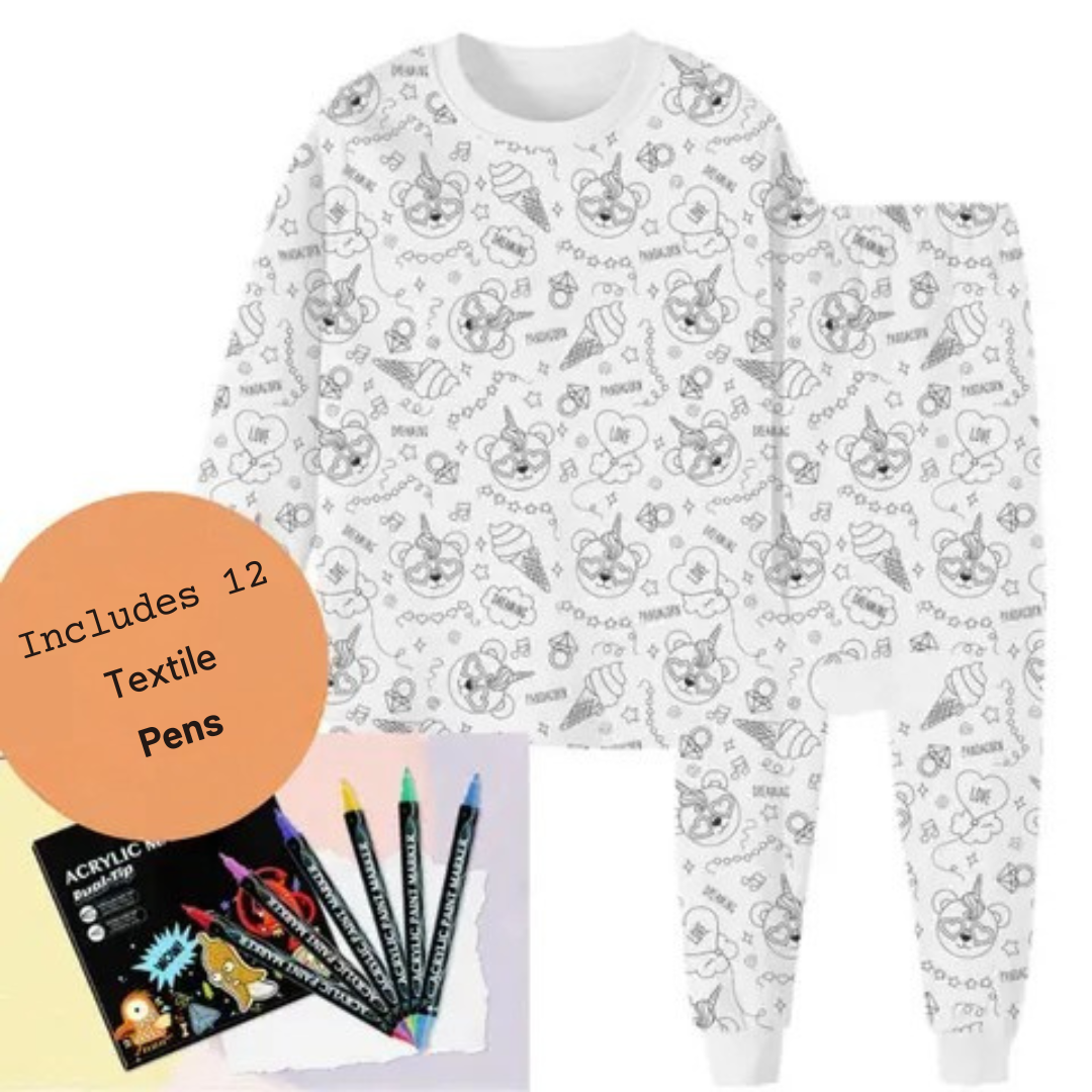 Pijama de criança para colorir | Design lavável com marcadores têxteis opcionais | Tamanho 3 a 8 anos