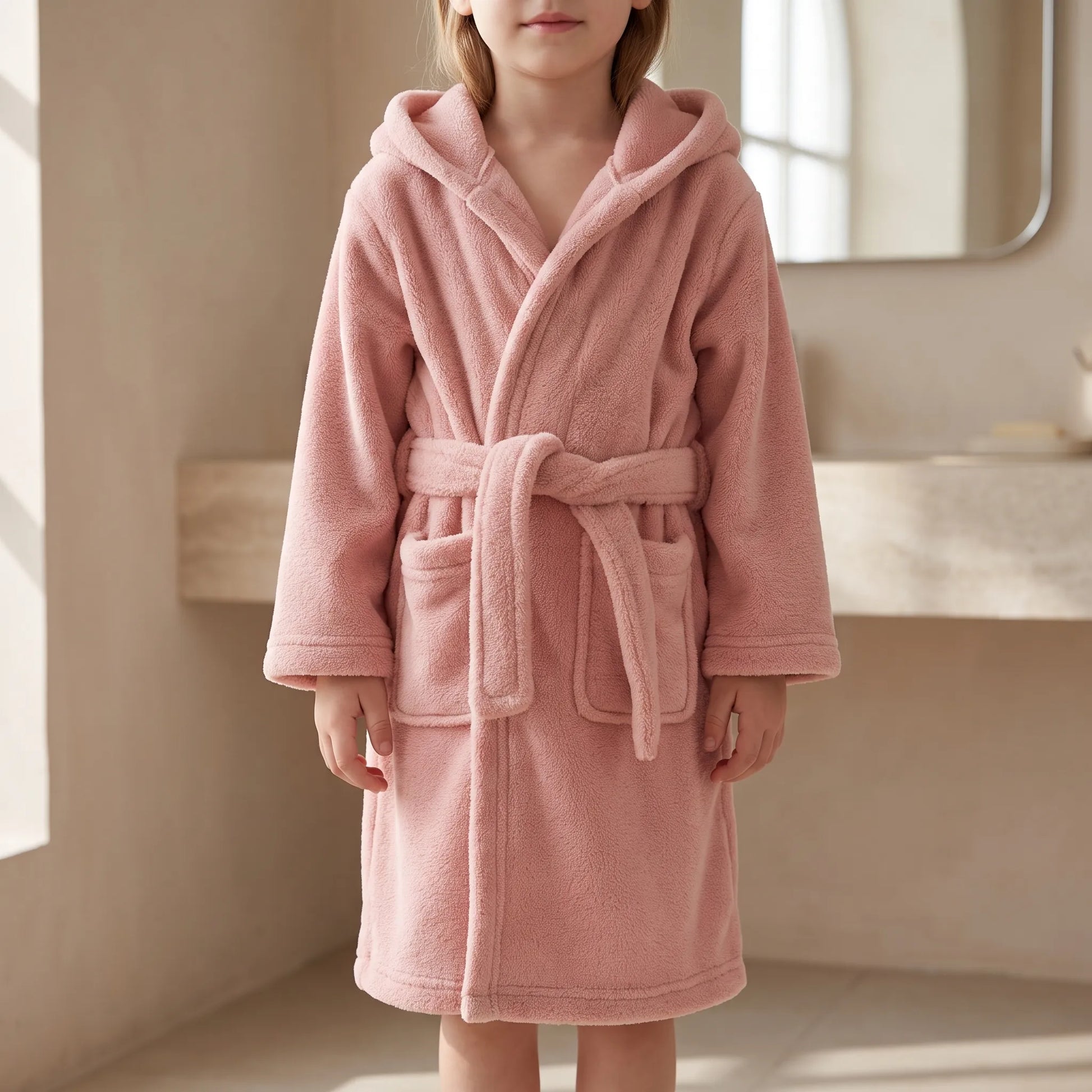 Badjas kinderen in oudroze fleece met capuchon, ceintuur en twee zakken