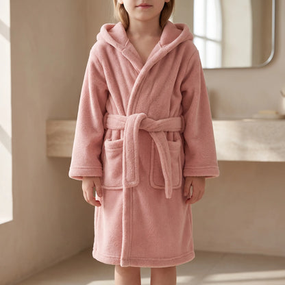Badjas kinderen in oudroze fleece met capuchon, ceintuur en twee zakken