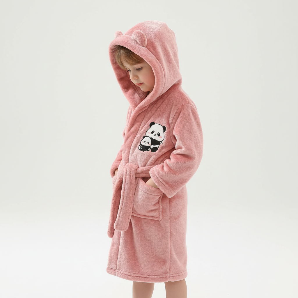 Roze kinderbadjas met panda applicatie en oortjes op de capuchon