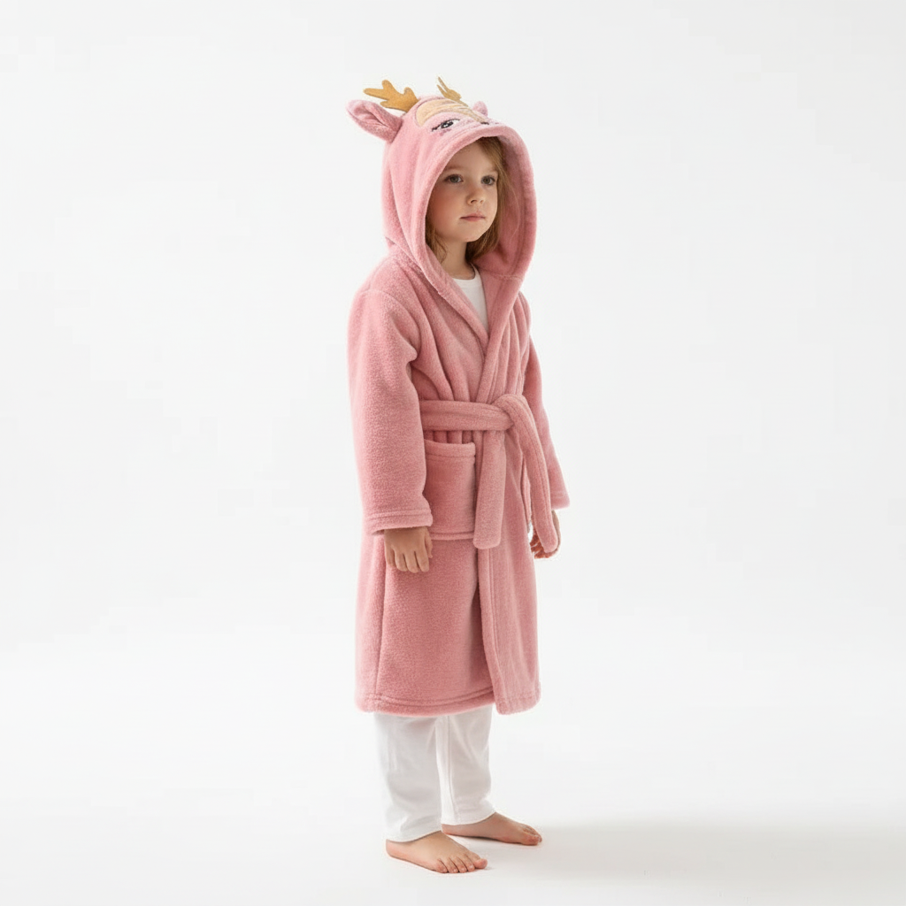Roze kinderbadjas met hertencapuchon en geweitakjes