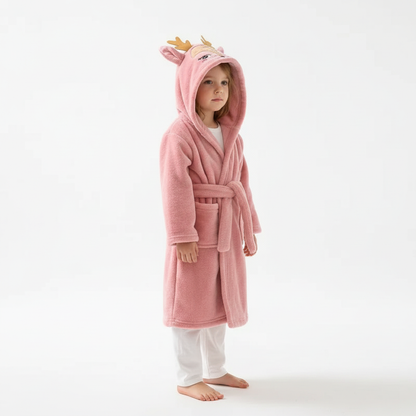 Roze kinderbadjas met hertencapuchon en geweitakjes