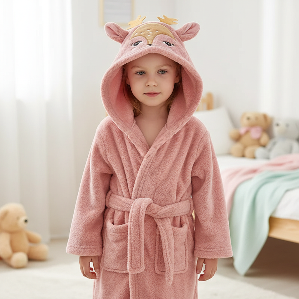 Meisje in roze fleece badjas met hertencapuchon in de kinderkamer