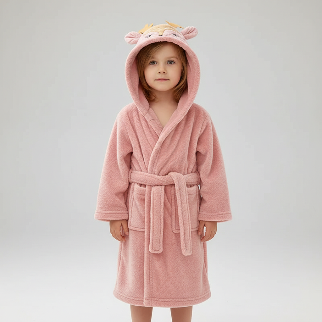 Kind draagt roze kinderbadjas met dierencapuchon en strikceintuur