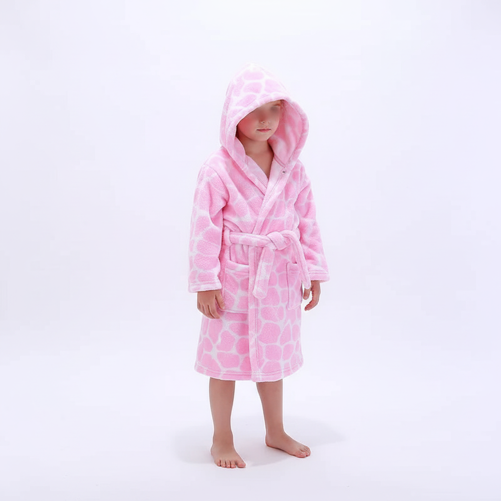 Kinderbadjas met roze giraffeprint, capuchon en ceintuur