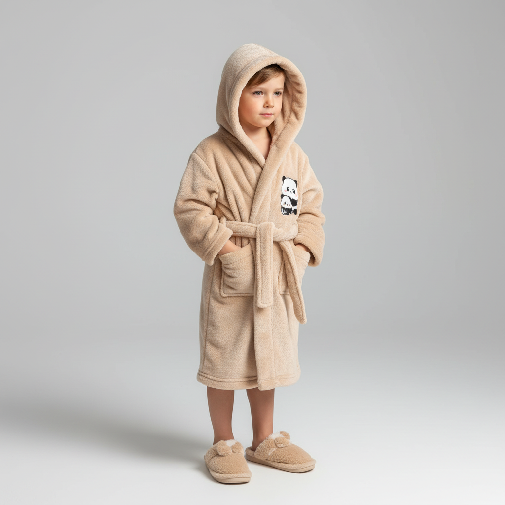 Beige kinderbadjas met panda applicatie op de borst en capuchon