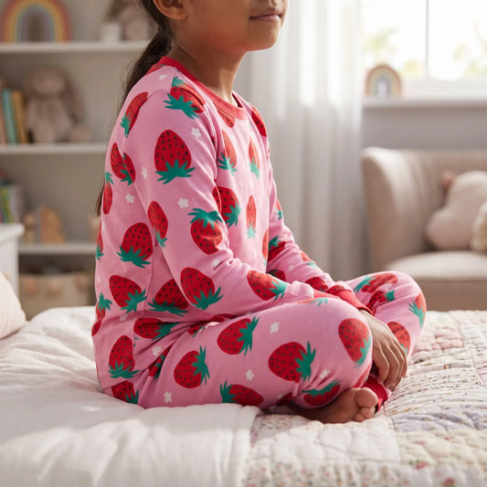 Kinderpyjama Meisjes | Tweedelige Bamboe Set met Aardbeienprint | 2 tot 12 Jaar