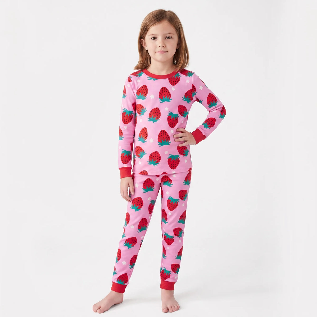 Kinderpyjama Meisjes | Tweedelige Bamboe Set met Aardbeienprint | 2 tot 12 Jaar