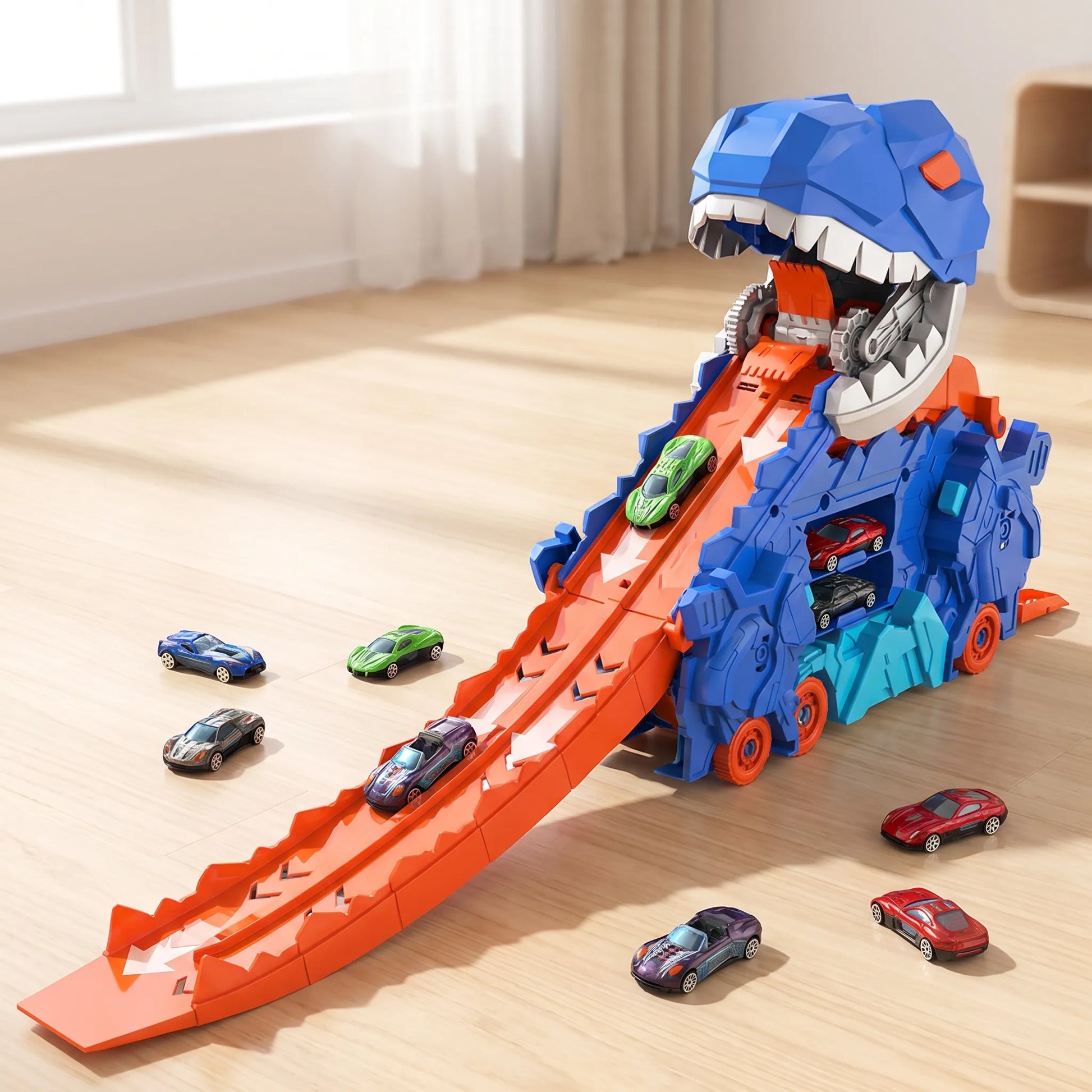 Here’s the Dutch translation in the same product-title style:  Dinosaurus Auto Speelgoed – 2-in-1 Dinosaurus Transporttruck Met Lanceerhelling