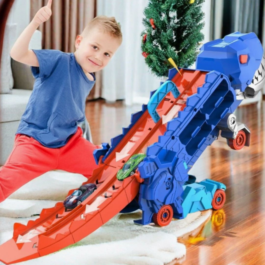 Here’s the Dutch translation in the same product-title style:  Dinosaurus Auto Speelgoed – 2-in-1 Dinosaurus Transporttruck Met Lanceerhelling