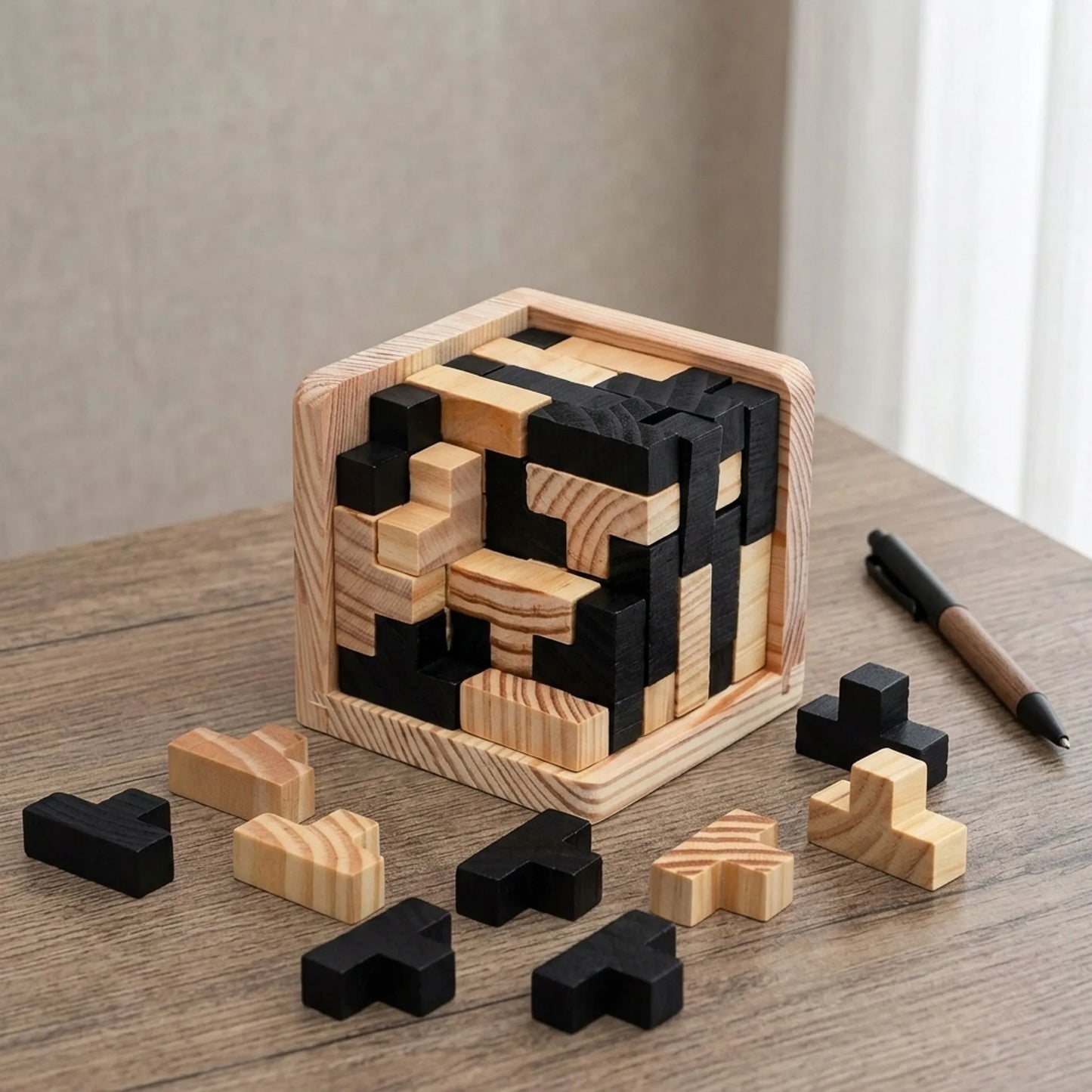 Houten Tetris Kubus – Breinbreker Puzzelspel Voor Kinderen