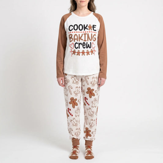 Kerst Pyjama Familie | Kaki Set met Cookie Baking Crew Print | Dames Heren Kinderen en Huisdier