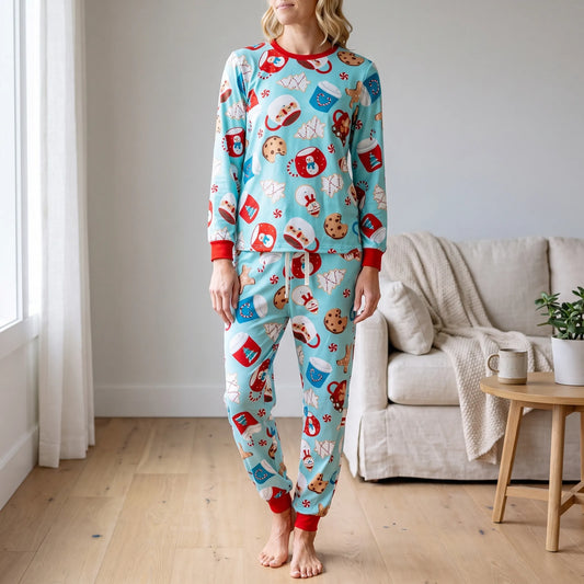Kerstpyjama Dames Heren en Kinderen | Lichtblauwe Set met Gingerbread Print | Ook voor Baby en Huisdier