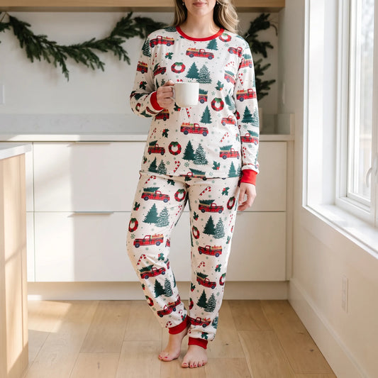 Kerstpyjama Gezin | Bijpassende Set met Kerstboom en Autoprint | Dames Heren Kinderen en Huisdier