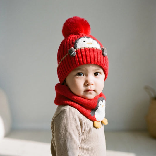 Kindermuts en Sjaal | Warme Winterset met Pinguinmotief | One Size