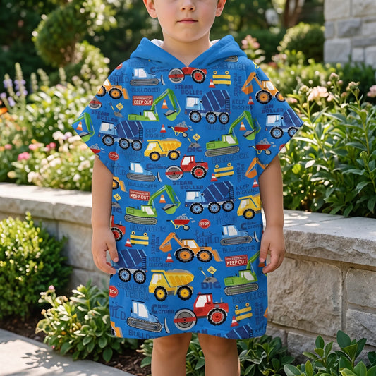 Kinderponcho met Capuchon | Zachte Badstof Poncho met Bouwprint | Absorberend