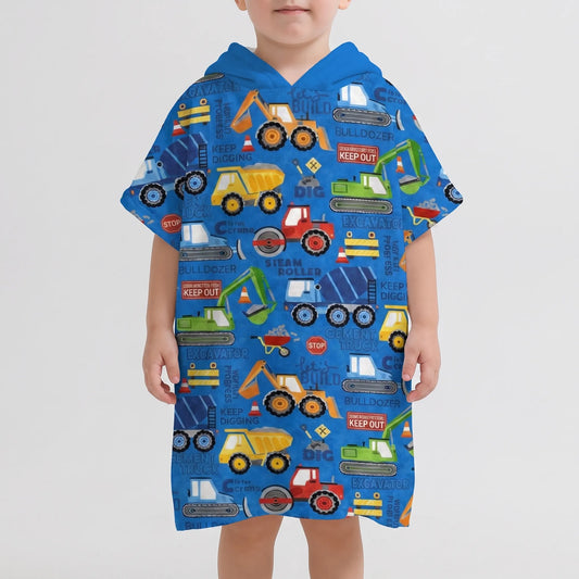 Kinderponcho met Capuchon | Zachte Badstof Poncho met Bouwprint | Absorberend