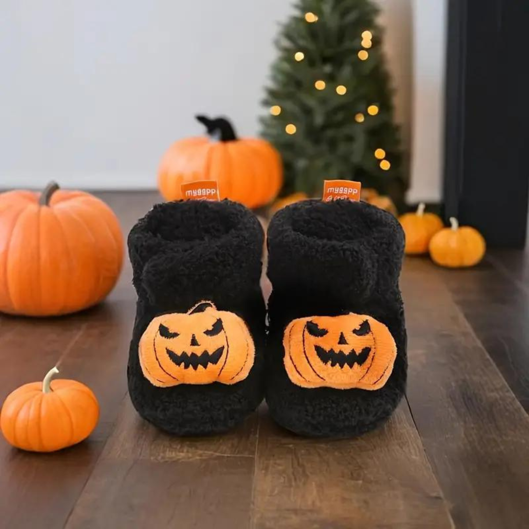 Kindersloffen Halloween | Enkelhoge Instapsloffen met Fleecevoering | Pompoen en Spinprint