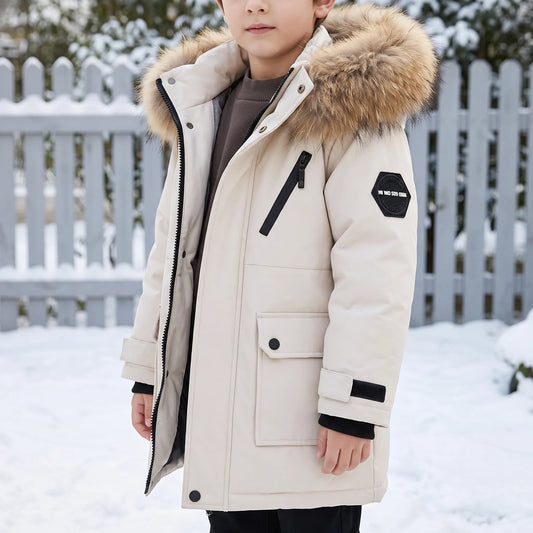 Winterjas Kinderen | Gevoerde Parka met Bontcapuchon en Klepzakken | Maat 120 tot 160