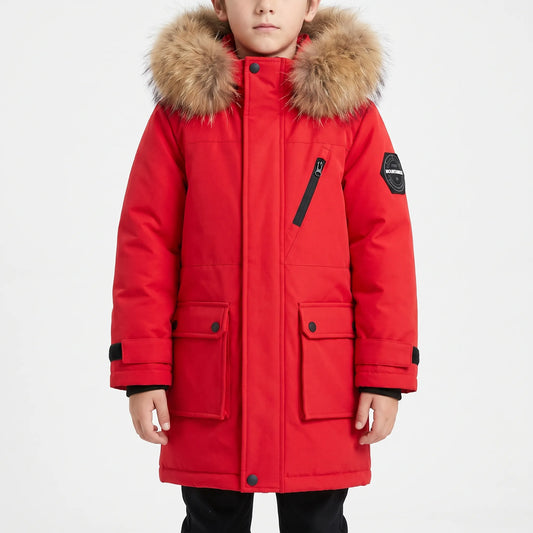 Winterjas Kinderen | Gevoerde Parka met Bontcapuchon en Klepzakken | Maat 120 tot 160