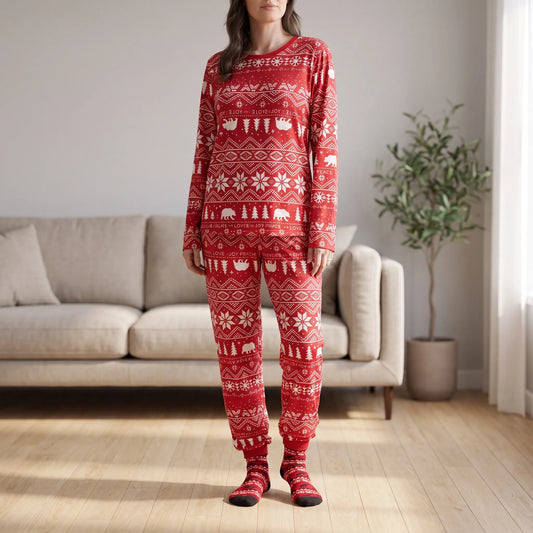 Kerstpyjama Gezin Rood | Klassieke Kerstprint met Sokken | Dames Heren Kinderen Baby en Huisdier