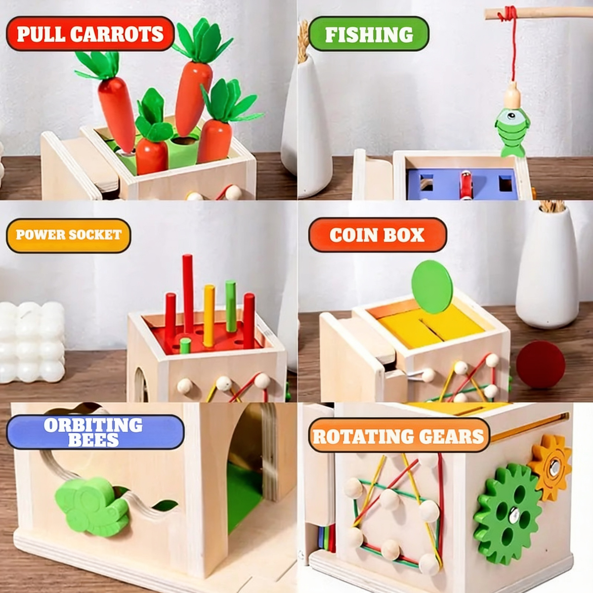 PULL CARROTS. FISHING. POWER SOCKET. COIN BOX. ORBITING BEES. ROTATING GEARS