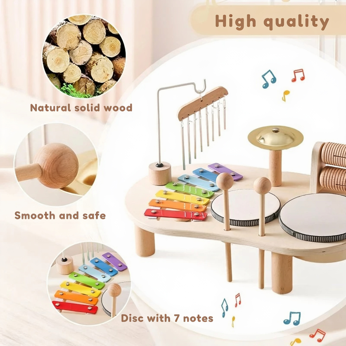 High quality. Natural solid wood. Smooth and safe. Disc with 7 notes