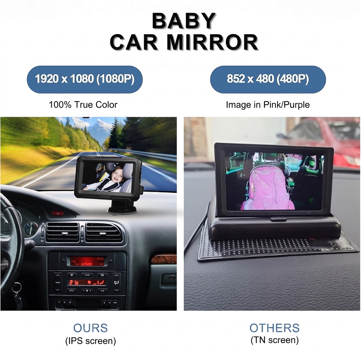 BABY CAR MIRROR. 1920 x 1080 (1080P). 852 x 480 (480P). 100% True Color. Image in Pink/Purple. OURS. (IPS screen). OTHERS. (TN screen)