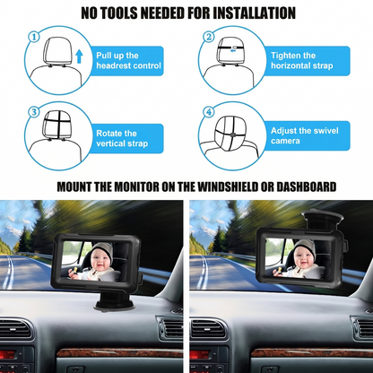 NO TOOLS NEEDED FOR INSTALLATION. Pull up the headrest control. Tighten the horizontal strap. Rotate the vertical strap. Adjust the swivel camera. MOUNT THE MONITOR ON THE WINDSHIELD OR DASHBOARD