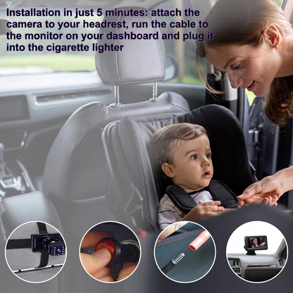 Installation in just 5 minutes: attach the camera to your headrest, run the cable to the monitor on your dashboard and plug it into the cigarette lighter