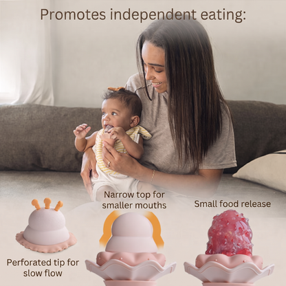 Promotes independent eating:. Perforated tip for slow flow. Narrow top for smaller mouths. Small food release