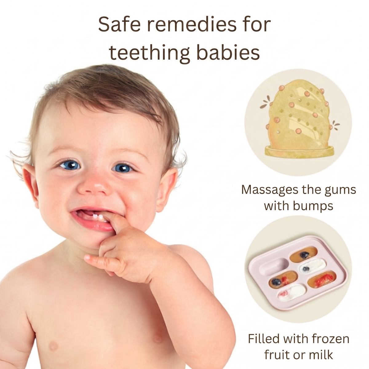 Safe remedies for teething babies. Massages the gums with bumps. Filled with frozen fruit or milk