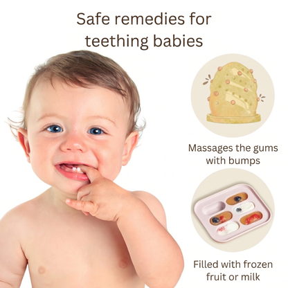 Safe remedies for teething babies. Massages the gums with bumps. Filled with frozen fruit or milk
