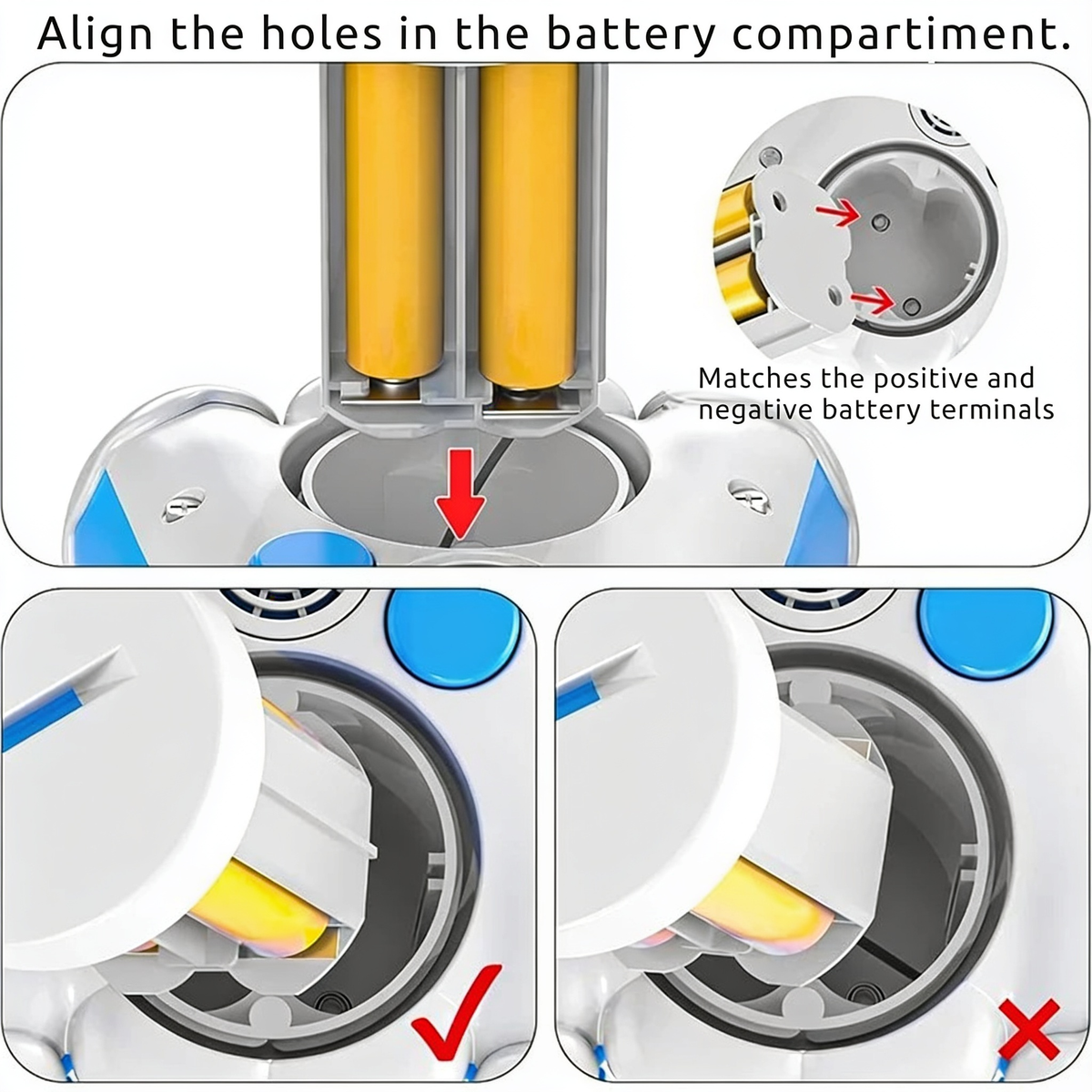 Align the holes in the battery compartment.. Matches the positive and negative battery terminals