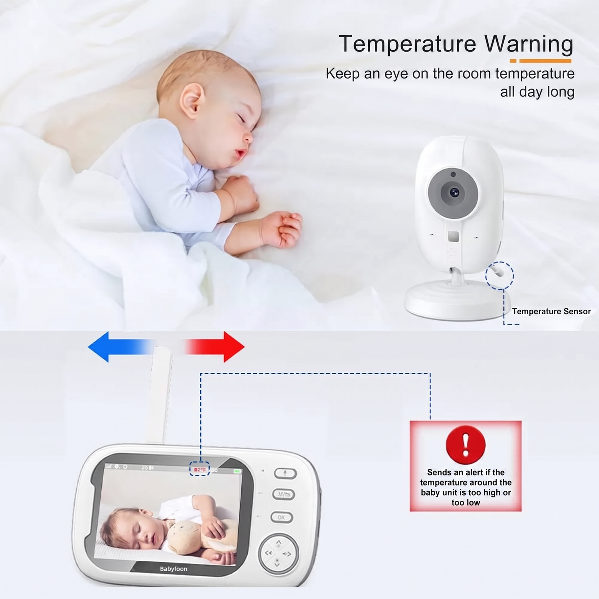 Temperature Warning. Keep an eye on the room temperature all day long. Temperature Sensor. Sends an alert if the temperature around the baby unit is too high or too low