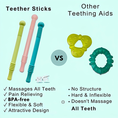 Teether Sticks. Other Teething Aids. VS. ✓ Massages All Teeth. ✓ Pain Relieving. ✓ BPA-free. ✓ Flexible & Soft. ✓ Attractive Design. • No Structure. • Hard & Inflexible. • Doesn't Massage. All Teeth