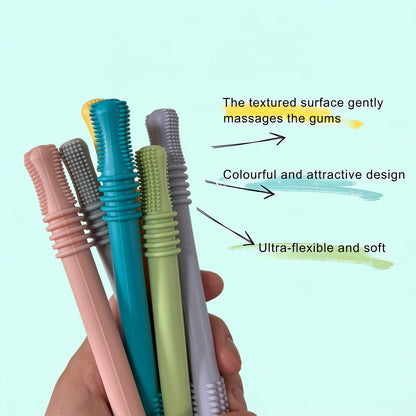 The textured surface gently massages the gums. Colourful and attractive design. Ultra-flexible and soft