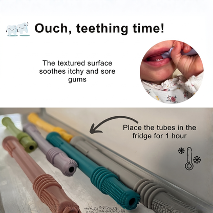Ouch, teething time!. The textured surface soothes itchy and sore gums. Place the tubes in the fridge for 1 hour