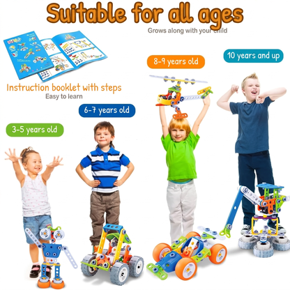 Suitable for all ages. Grows along with your child. Instruction booklet with steps. Easy to learn. 3-5 years old. 6-7 years old. 8-9 years old. 10 years and up