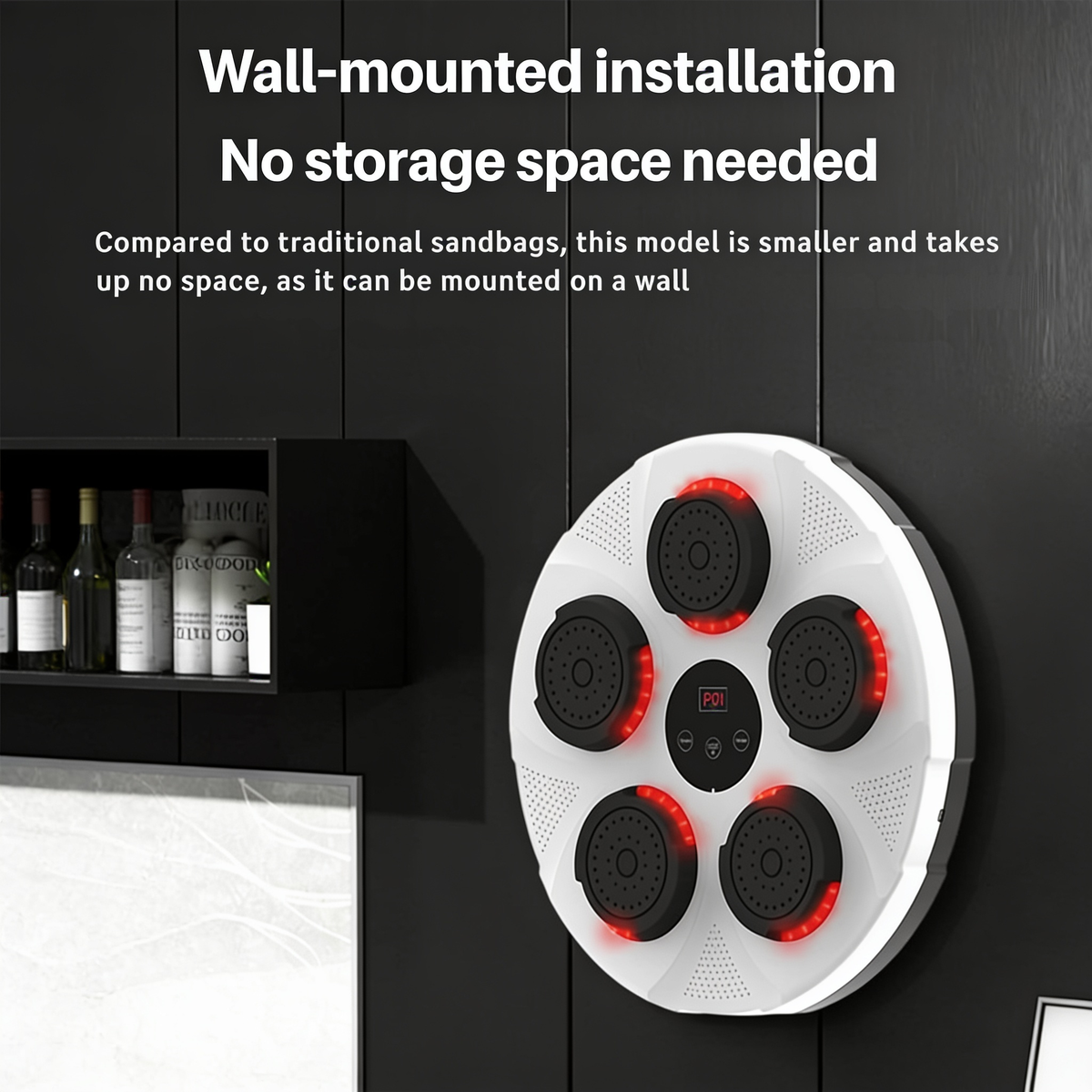 Wall-mounted installation. No storage space needed. Compared to traditional sandbags, this model is smaller and takes. up no space, as it can be mounted on a wall