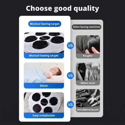 Choose good quality. Musical boxing target. Other boxing machines. Musical boxing target. Rougher. VS. Silent. Makes noise. VS. Easy installation. Installation issues. VS