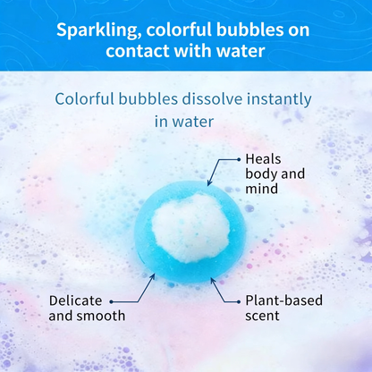 Sparkling, colorful bubbles on contact with water. Colorful bubbles dissolve instantly in water. Heals body and mind. Delicate and smooth. Plant-based scent