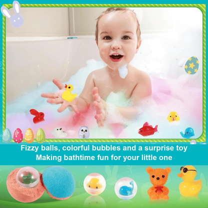 Fizzy balls, colorful bubbles and a surprise toy. Making bathtime fun for your little one