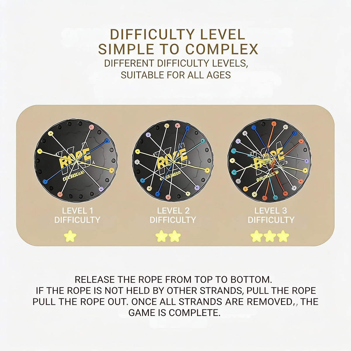 DIFFICULTY LEVEL. SIMPLE TO COMPLEX. DIFFERENT DIFFICULTY LEVELS,. SUITABLE FOR ALL AGES. LEVEL 1. DIFFICULTY. LEVEL 2. DIFFICULTY. LEVEL 3. DIFFICULTY. RELEASE THE ROPE FROM TOP TO BOTTOM.. IF THE ROPE IS NOT HELD BY OTHER STRANDS,. PULL THE ROPE OU