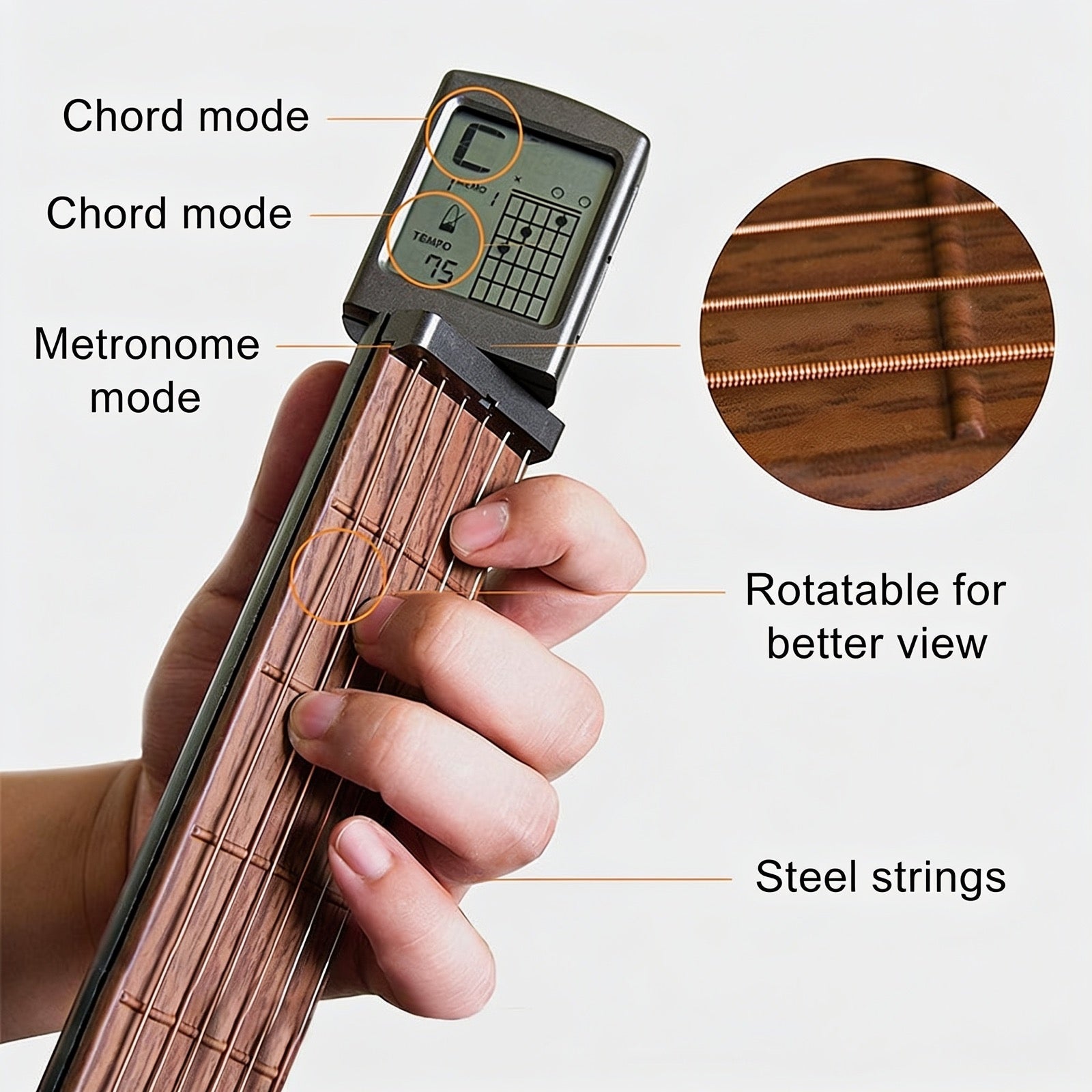 Chord mode. Metronome mode. Rotatable for better view. Steel strings